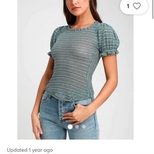Green Striped Free People Puff Sleeve Top